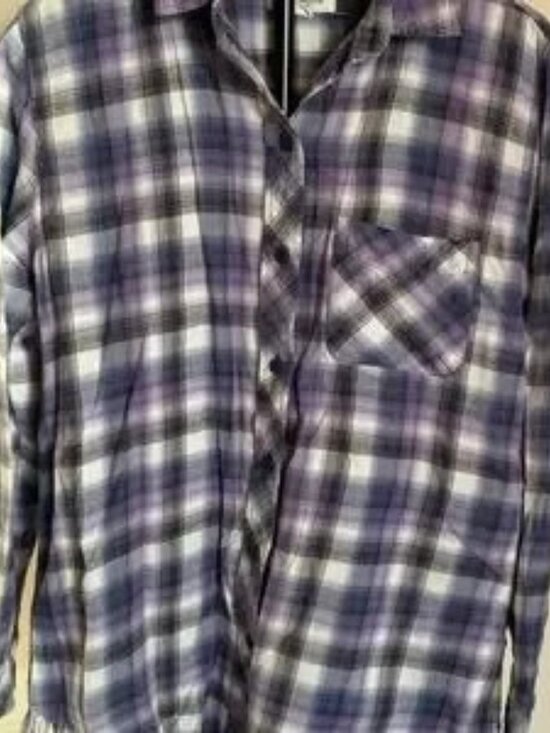 Beach Lunch Lounge Tops - beachlunchlounge XS Flannel Plaid Button-Down Shirt Fringe Hem Grunge Surfer